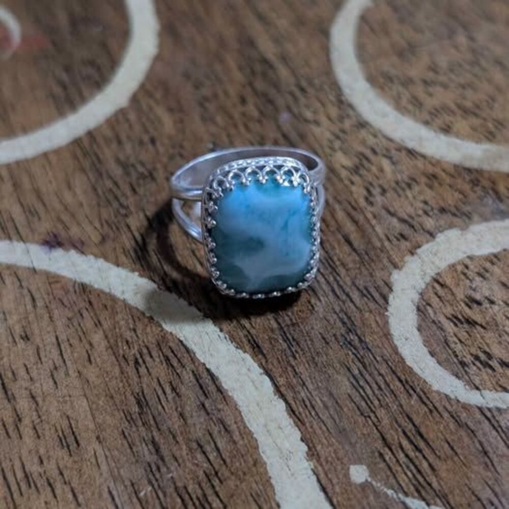 Sterling Silver Ring Rectangle Cut Larimar Gemstone Size 8